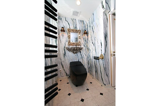 トイレブースも一体感あるゴージャスな仕上げとミラー。照明がオシャレです。