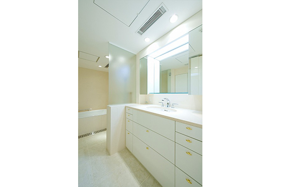 洗面化粧台の扉のゴールドの取っ手がおしゃれ。