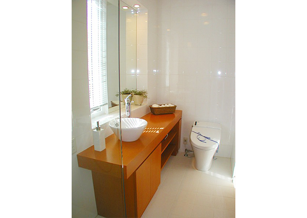 洗面室の仕上げ材は、シャワーブースと同じタイルです。