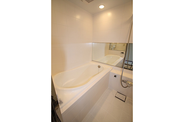 壁の白いタイルと床はサーモタイル。