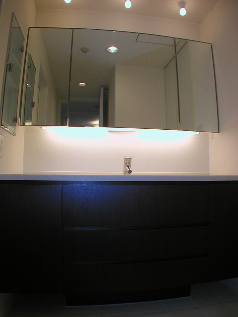 洗面化粧台は、木製の扉で高級感を演出